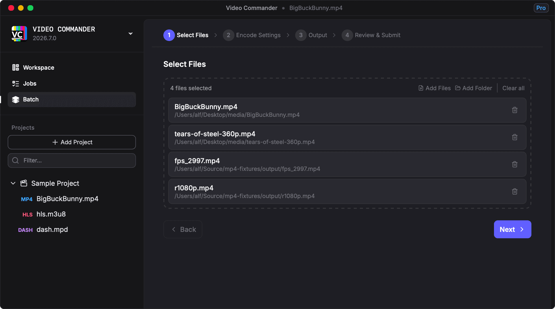 Video Commander — selecting multiple files for batch encoding