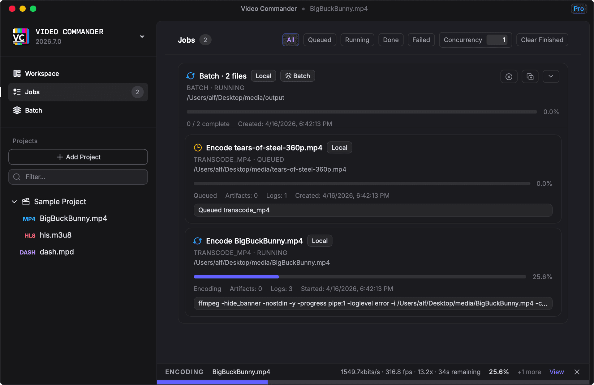 Video Commander batch encoding — multiple jobs running with per-job progress