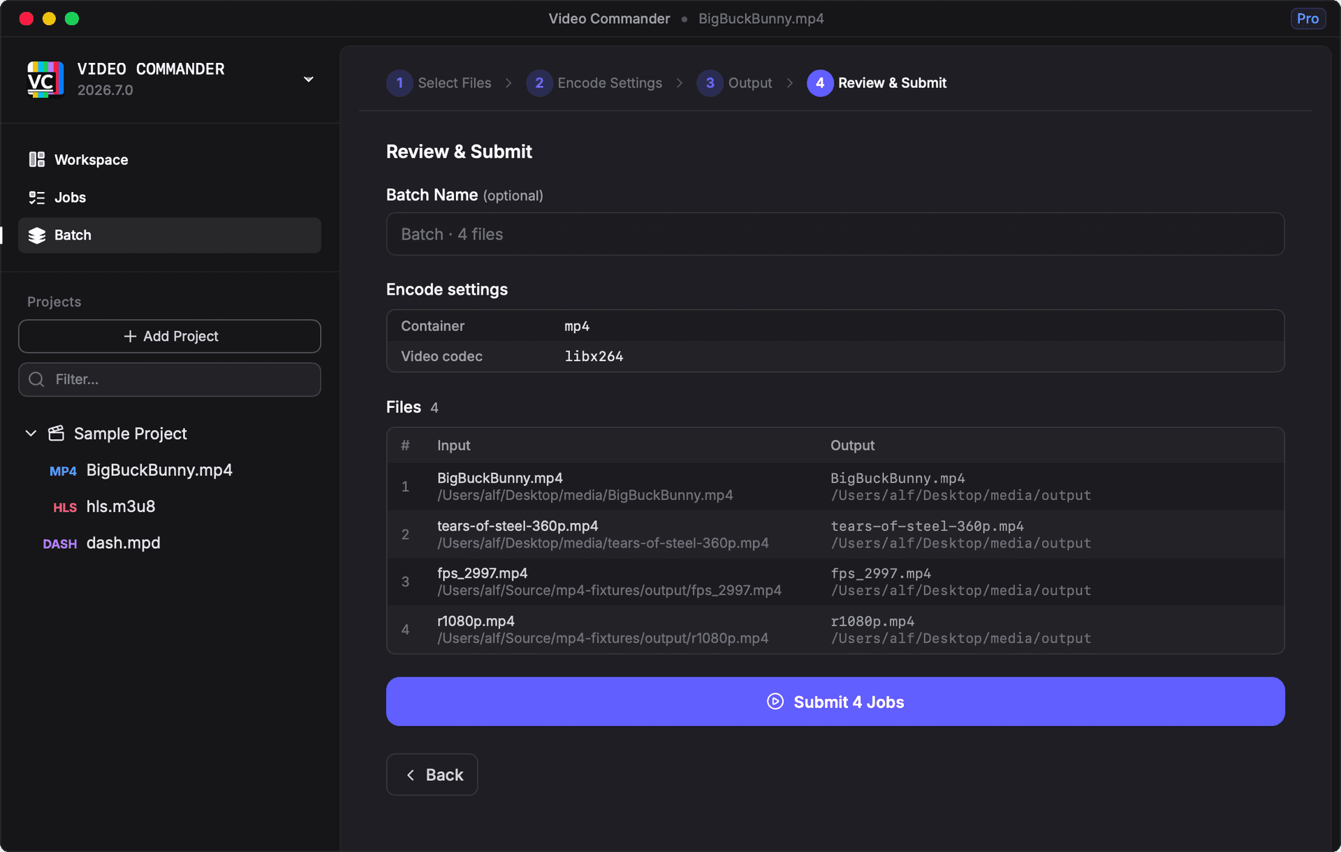 Video Commander — reviewing and submitting a batch encode job