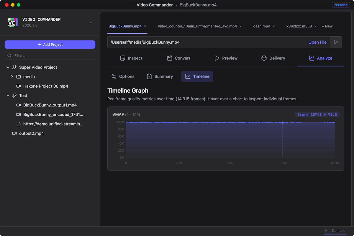 Screenshot of Video Commander VMAF timeline graph
