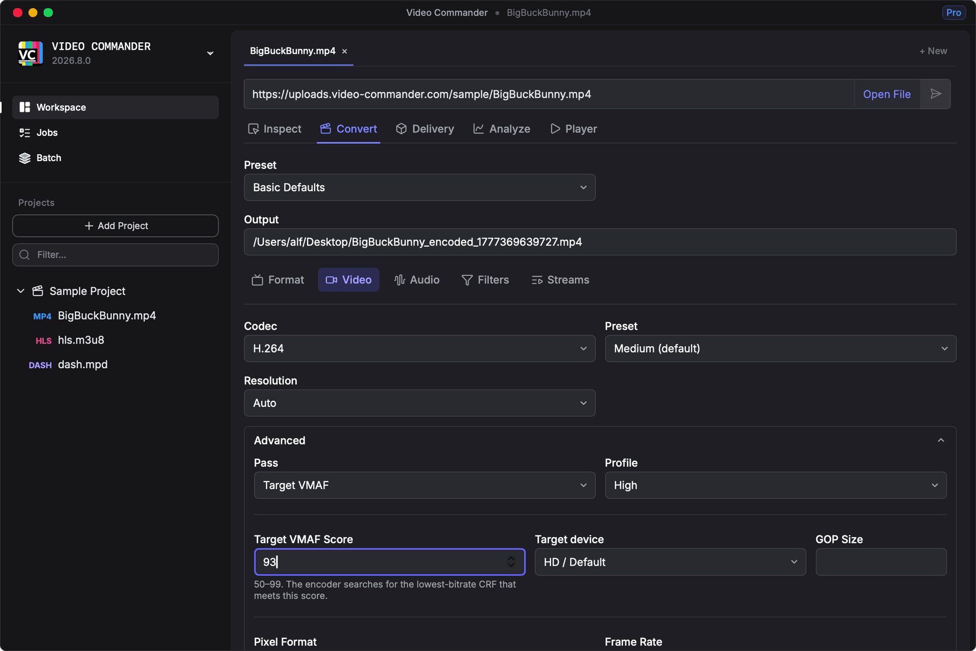Video Commander — Target VMAF encoding settings