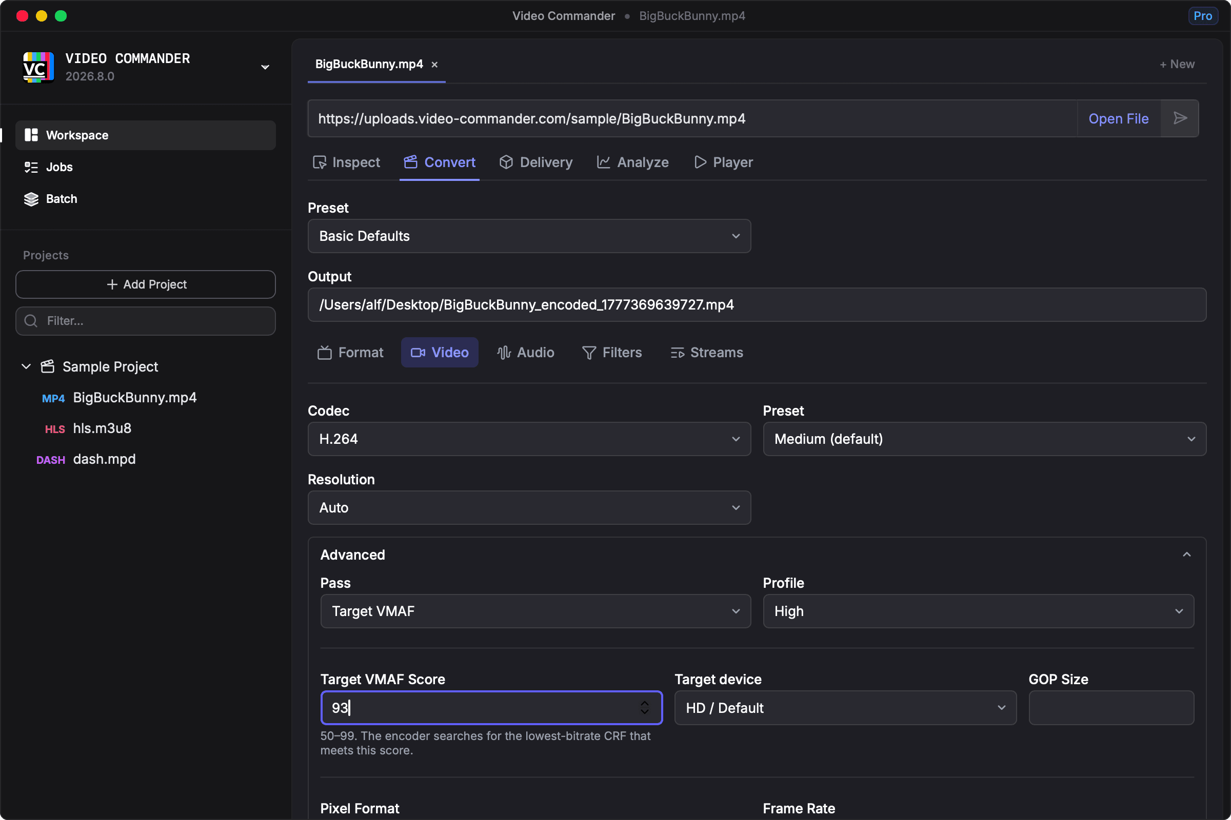 Video Commander — Target VMAF encoding settings