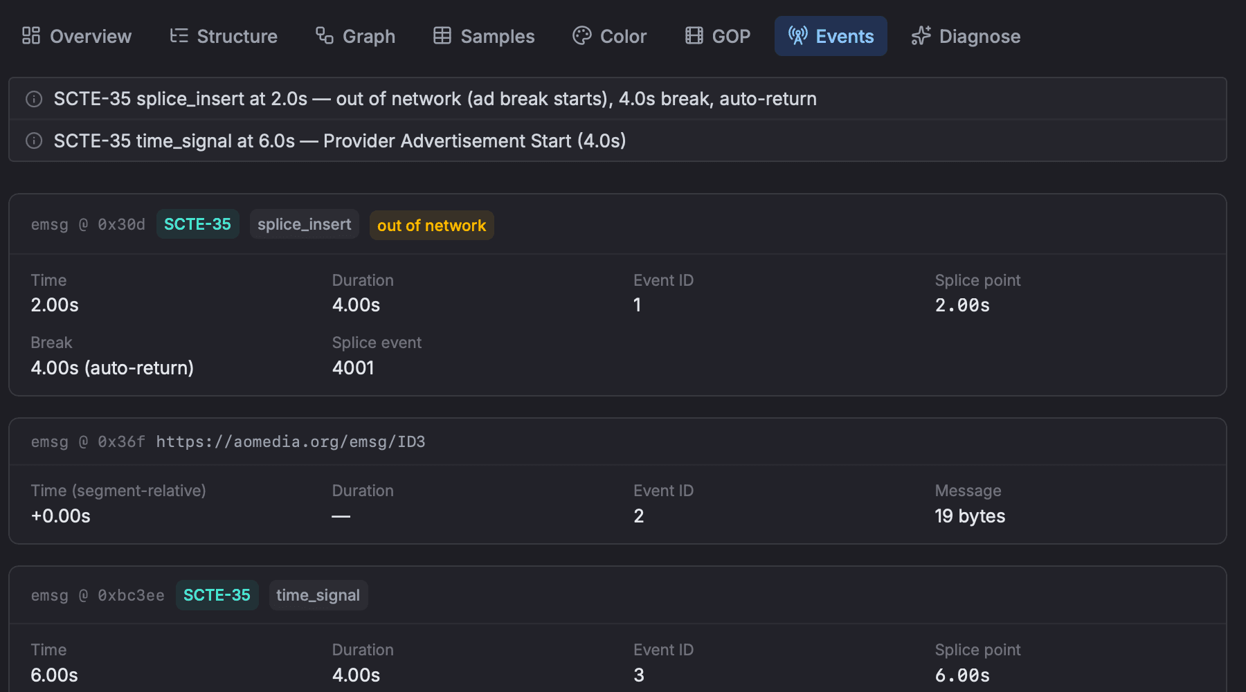 Events tab showing decoded SCTE-35 splice insert and time signal markers