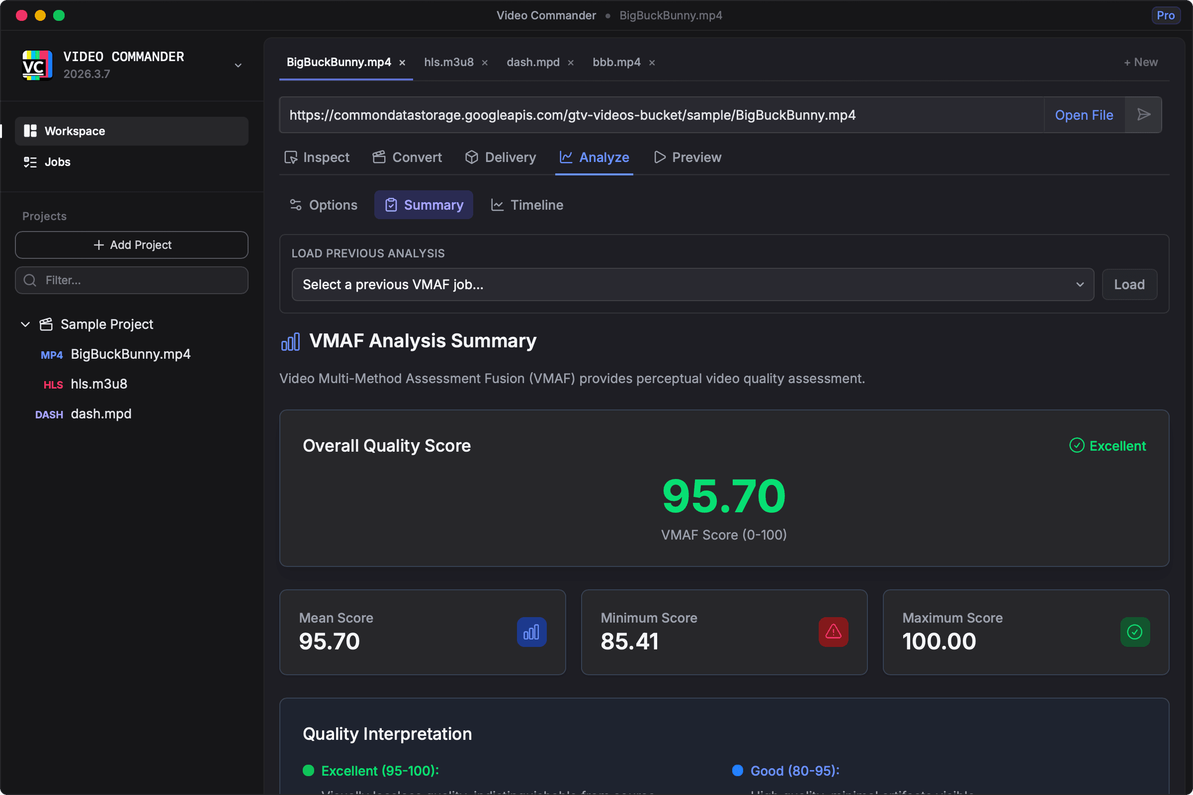 Analyze view showing quality analysis summary