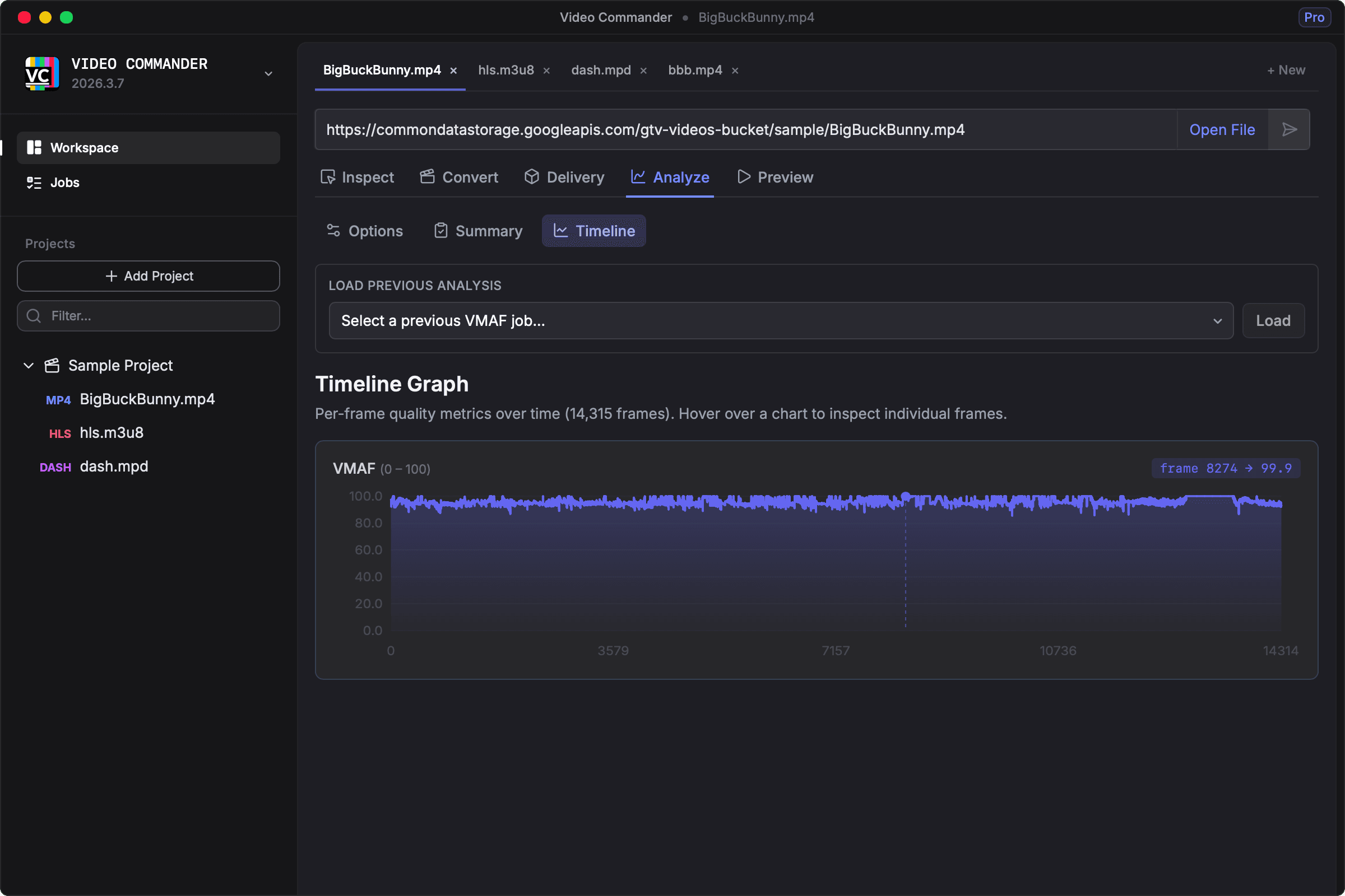 Screenshot of Video Commander VMAF timeline graph