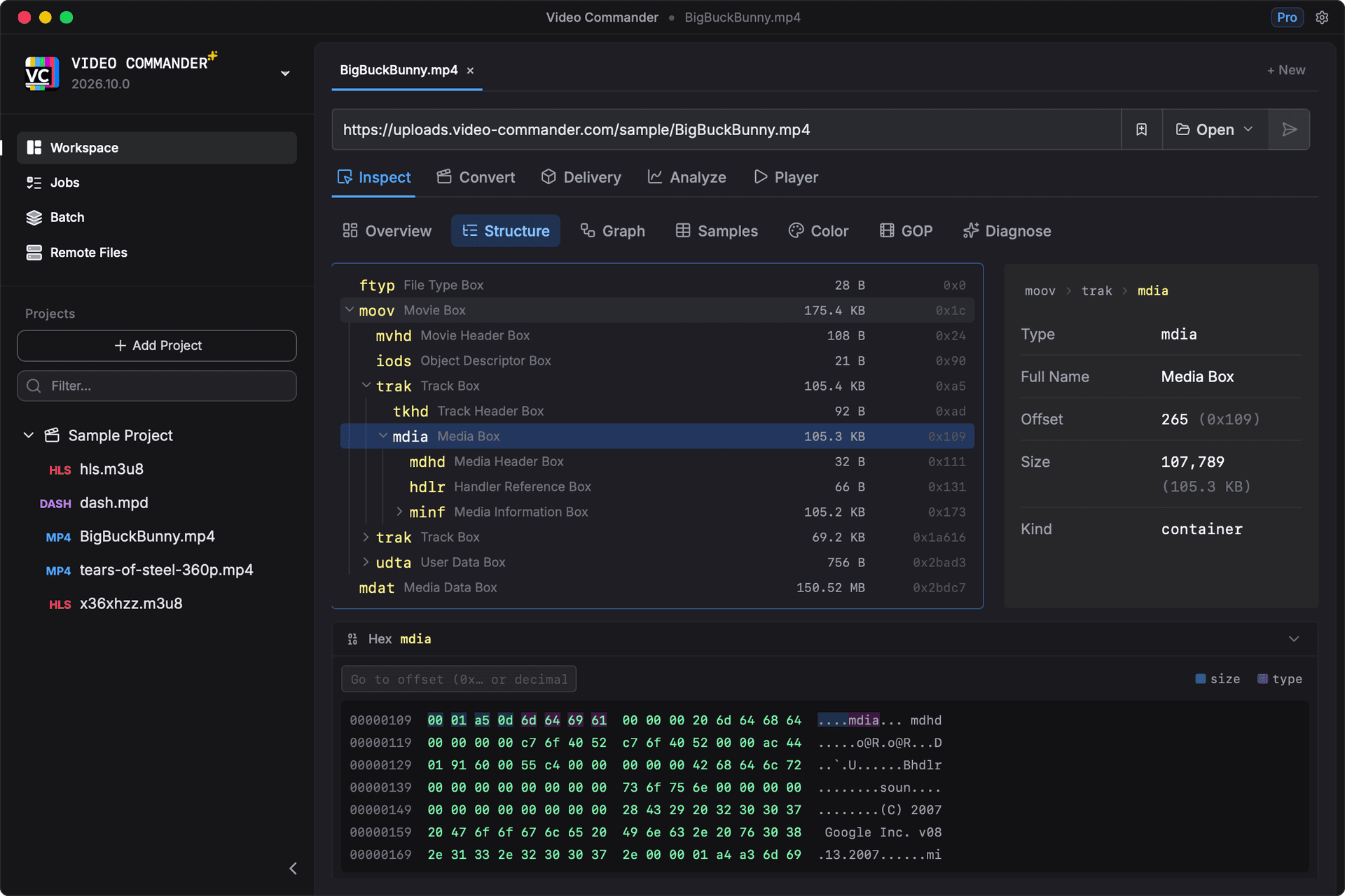 Video Commander MP4Box GUI for macOS — MP4 box structure inspector