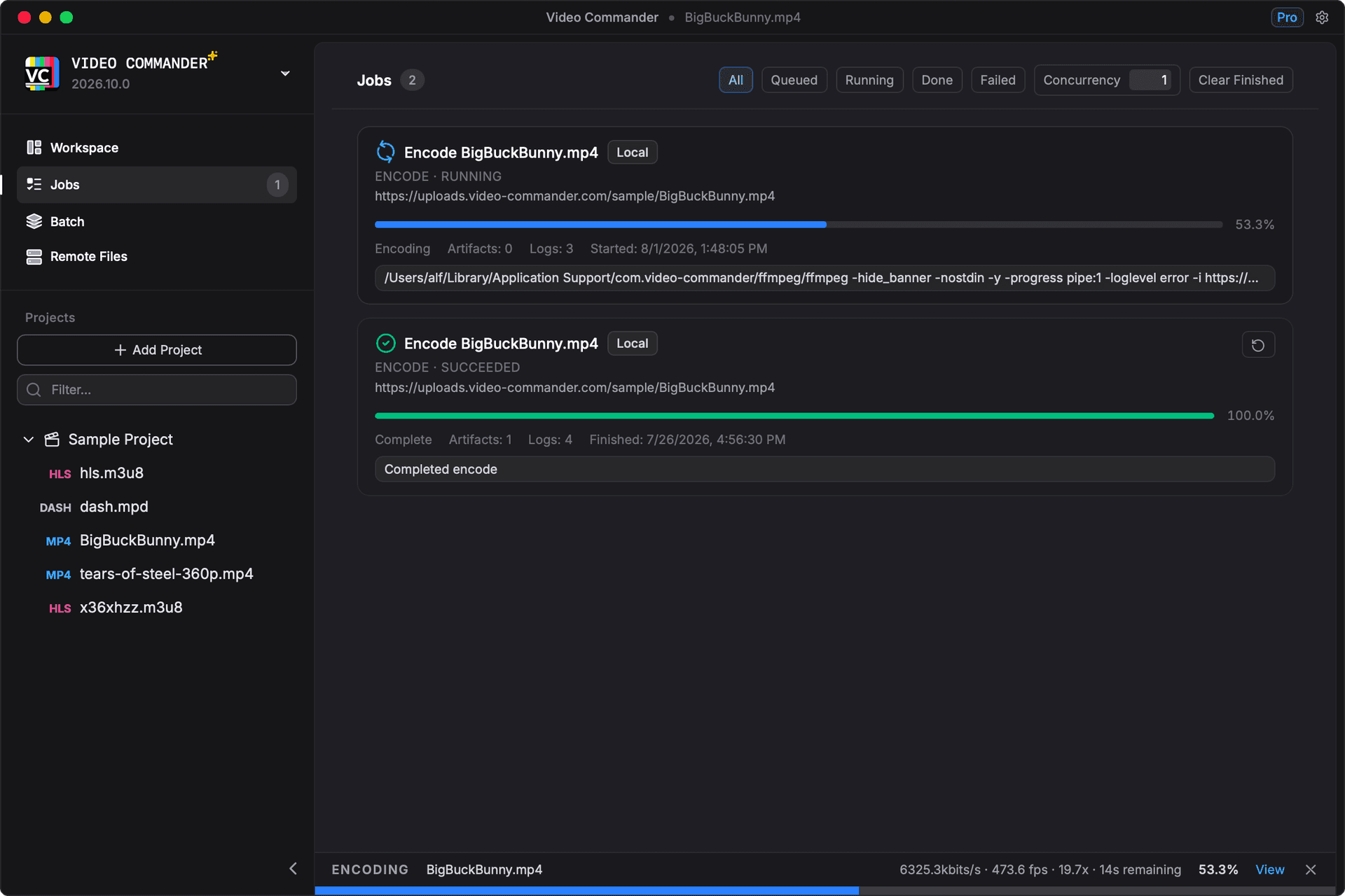 Video Commander jobs queue running FFmpeg encodes