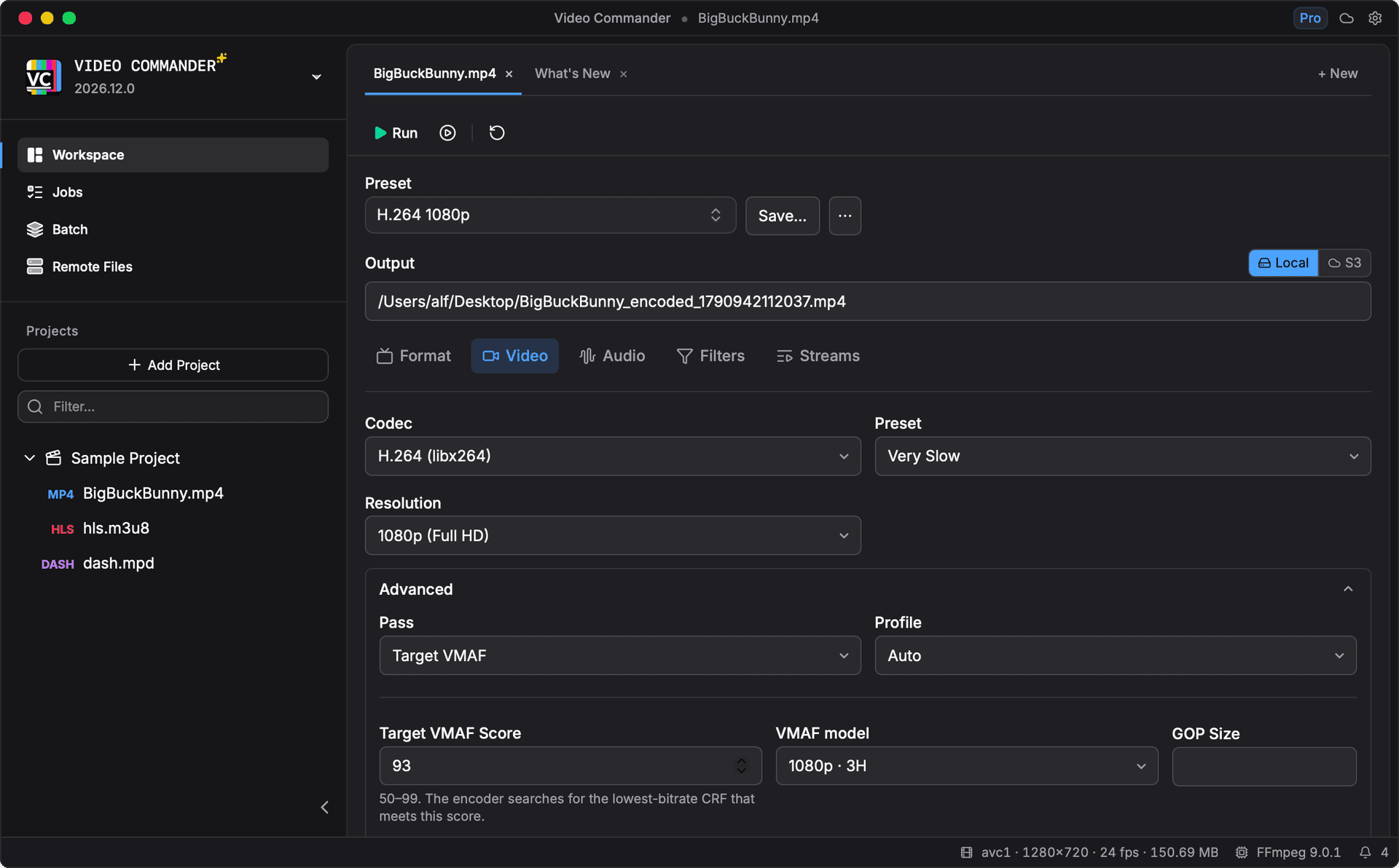 Video Commander Convert settings with Pass set to Target VMAF, a target score of 93, and the VMAF v1 1080p 3H model