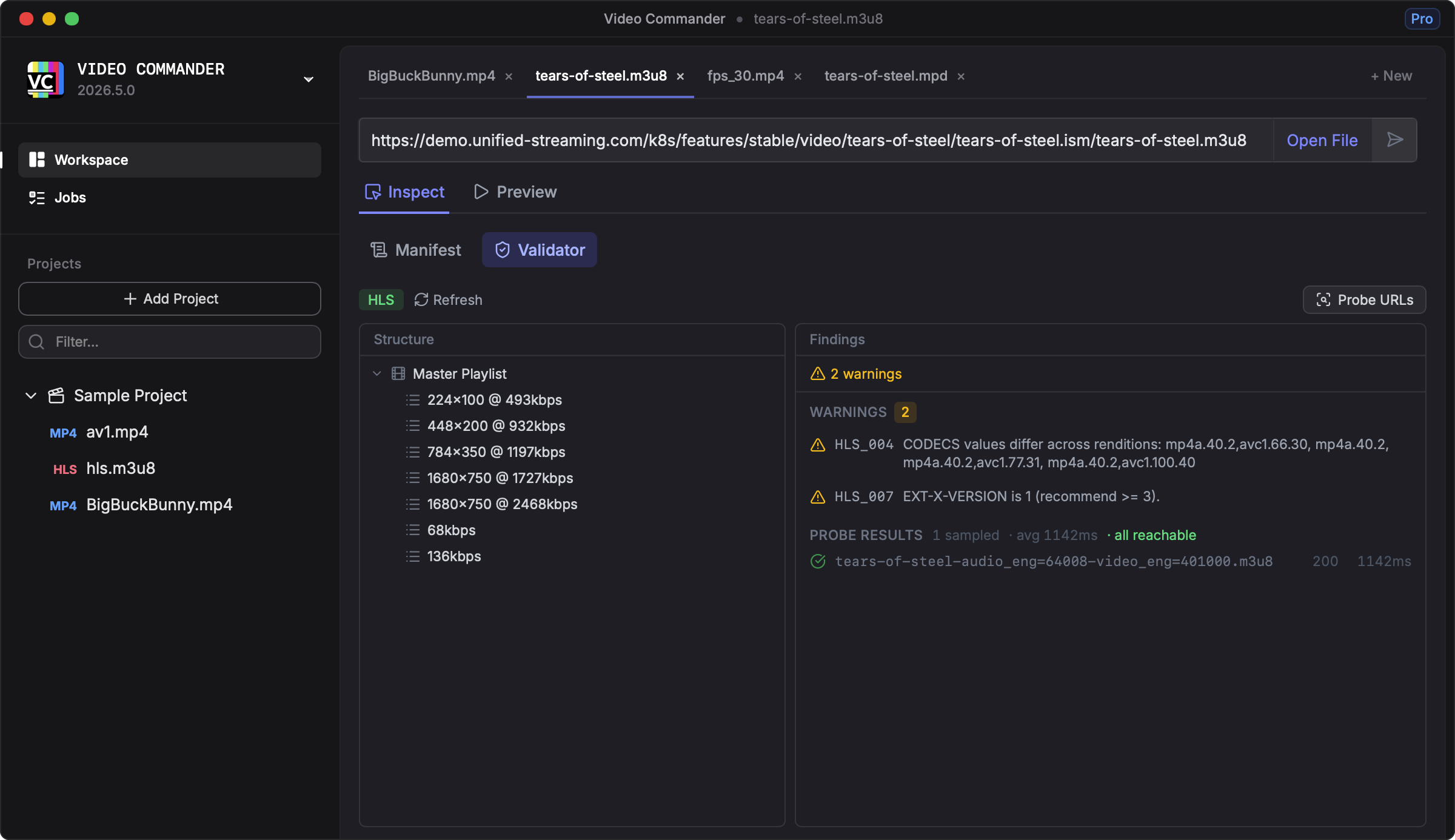 Screenshot of the DASH/HLS Validator tab showing the manifest tree and findings panel