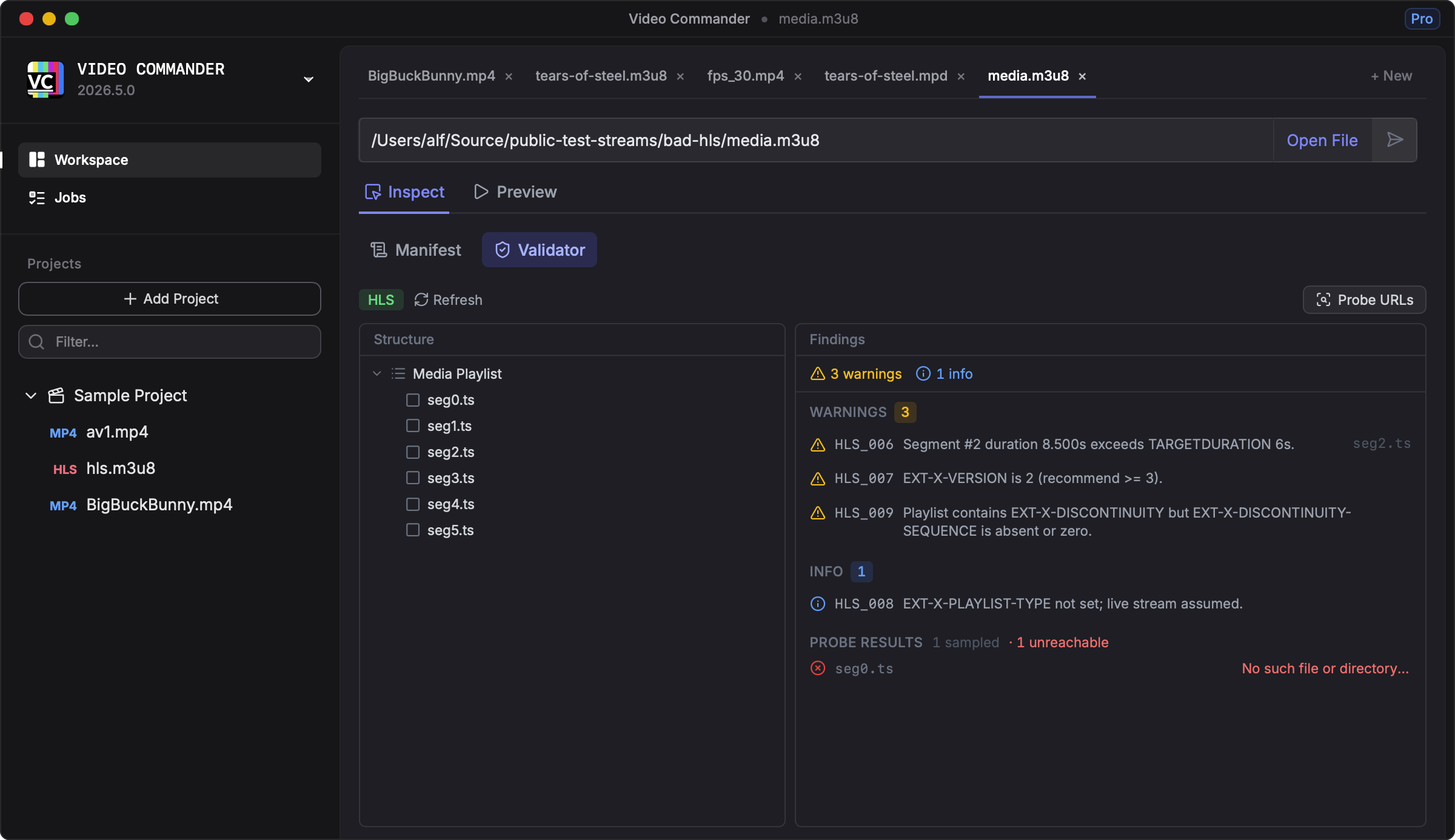 Screenshot of the DASH/HLS Validator tab showing the manifest tree and findings panel