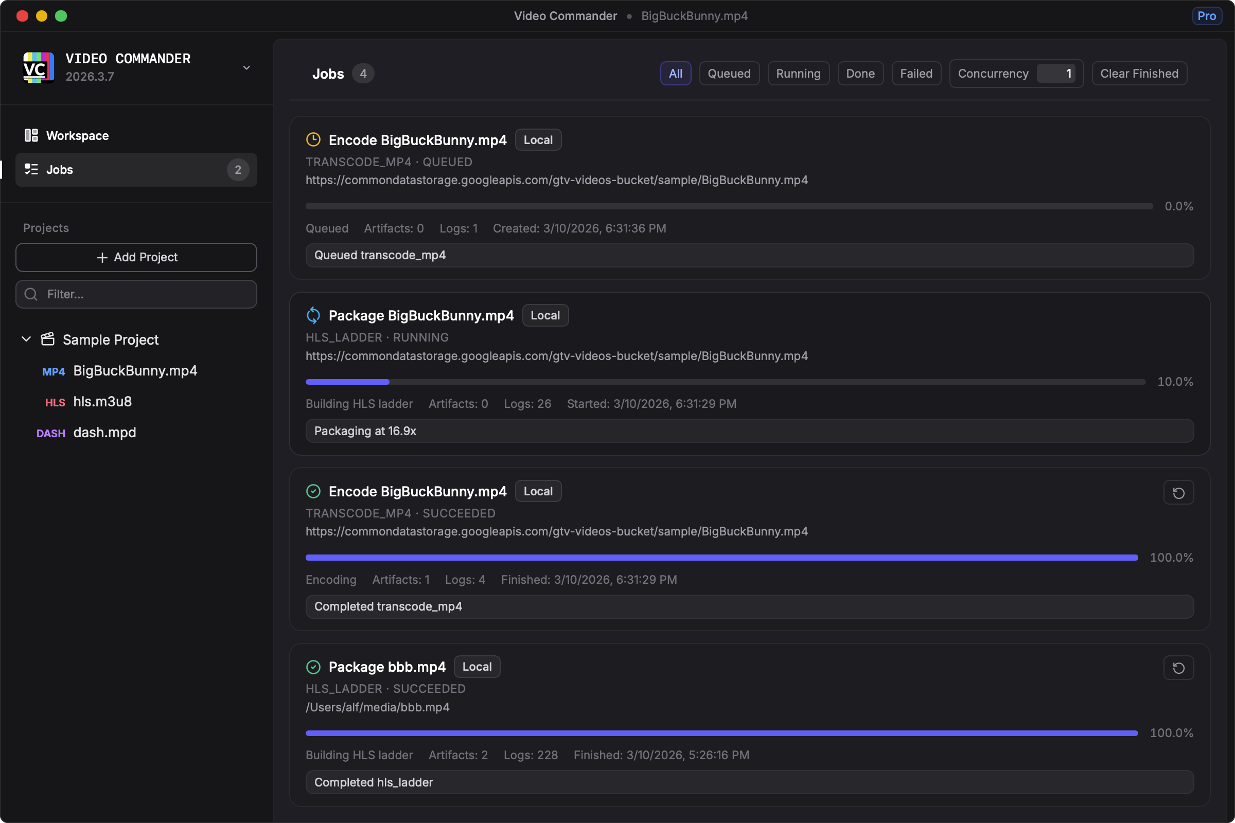 Screenshot of the new Jobs panel, showing the job list on the left and selected job details with inline logs on the right
